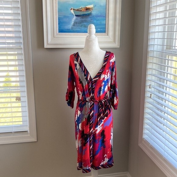 BCBGMAXAZRIA Long sleeve Red Splatter Sheath Midi Dress Size Medium - Picture 1 of 11